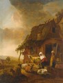 A Shepherdess Milking Sheep Near A Farmhouse - Jan Baptist Wolfaerts