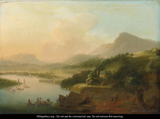 An Extensive River Landscape With Merchants Unloading Their Cargo, Travellers To The Foreground - (after) Christian Georg II Schutz Or Schuz