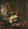 An Alchemist In His Study, A Still Life Of Books, Pots And Pans And Books In The Foreground - Thomas Wijck