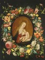 The Virgin And Child Surrounded By A Flower Garland With Roses, Tulips, Snowballs, Wallflowers, Irisses, An Opium Poppy - (after) Frans II Francken