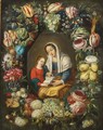 The Madonna And Child Surrounded By A Garland Of Different Flowers And Fruits - (after) Phillipe De Marlier