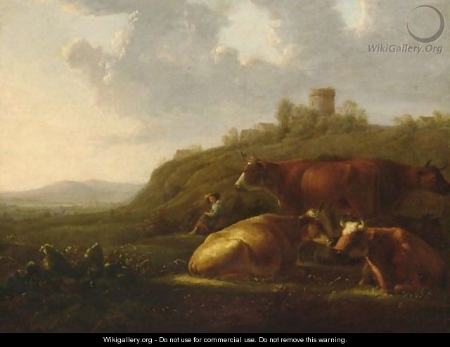 A Hilly Landscape With A Shepherdess Resting With Her Cattle, A View Of A Town Beyond - (after) Aelbert Cuyp