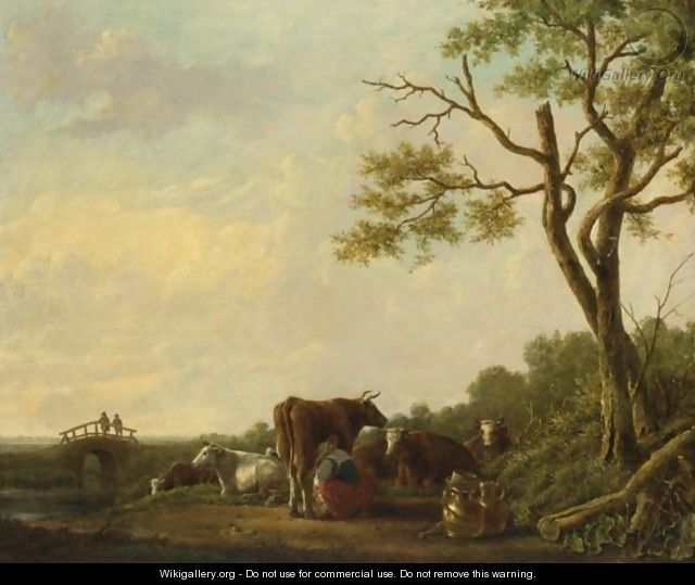 A Shepherdess Milking Cows In A Landscape, Two Travellers Watching On A Bridge Beyond - (after) Jacob Van Strij