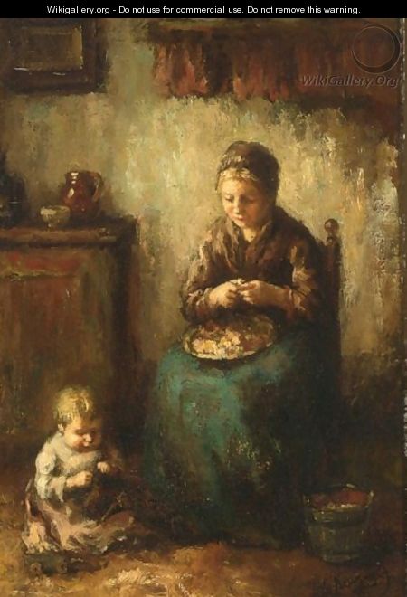 A Cottage Interior With A Mother Peeling Potatoes, Her Child Playing On The Floor - Albert Neuhuys