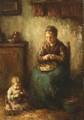 A Cottage Interior With A Mother Peeling Potatoes, Her Child Playing On The Floor - Albert Neuhuys