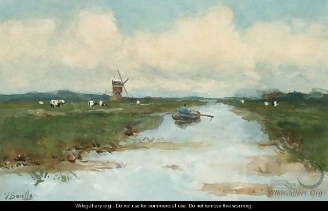 A Polder Landscape With A Rowing Boat In Summer - Victor Bauffe