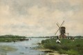 A River Landscape With A Windmill And Cattle - Victor Bauffe
