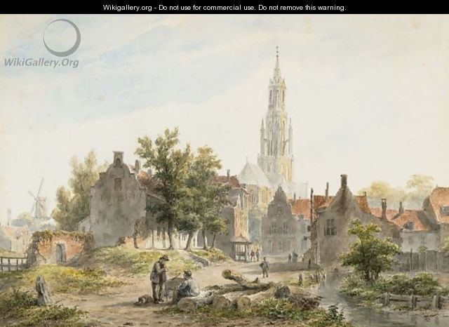 A Dutch Town View With Figures Conversing - Bartholomeus Johannes Van Hove