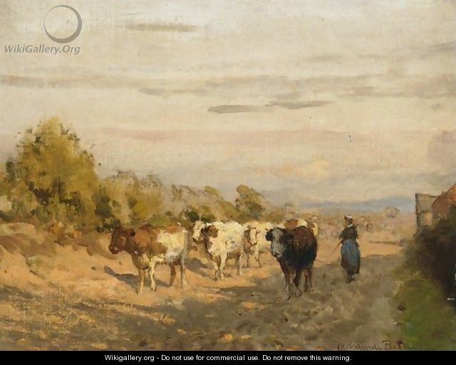 A Cowherdess With Her Cattle On A Country Road, Rolde - Julius Jacobus Van De Sande Bakhuyzen