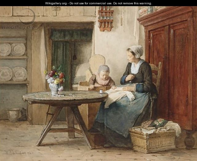 A Cottage Interior With Mother And Child Doing Needlework - Hendrik Valkenburg