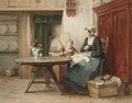 A Cottage Interior With Mother And Child Doing Needlework - Hendrik Valkenburg