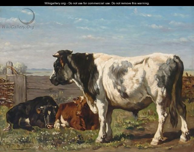 A Bull And Calves In A Summer Landscape - Johannes-Hubertus-Leonardus de Haas
