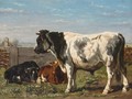 A Bull And Calves In A Summer Landscape - Johannes-Hubertus-Leonardus de Haas