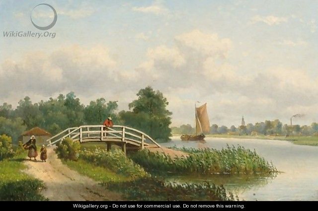 A Summer Landscape With Figures Along The River - Johannes Hilverdink