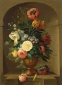 A Still Life With Tulips, Roses, Small Morning Glory And Other Flowers, All In A Stone Vase Standing In A Niche - Dutch School