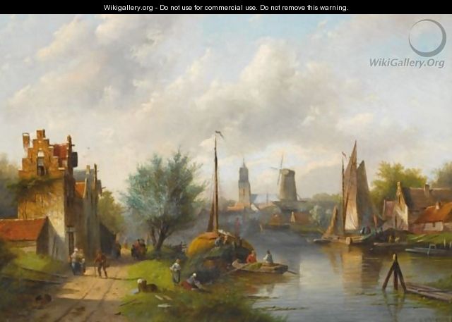 Figures On The Waterfront, A Windmill In The Distance - Jan Jacob Coenraad Spohler