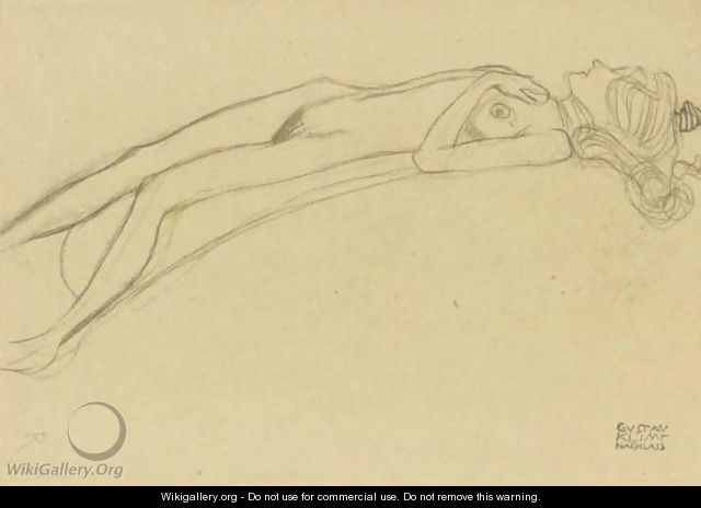 Lying Girl Nude On Her Back, The Right Hand Above Her Head - Gustav Klimt