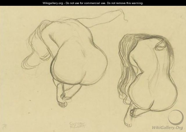 Studies Of A Seated Nude From Behind With Long Hair - Gustav Klimt