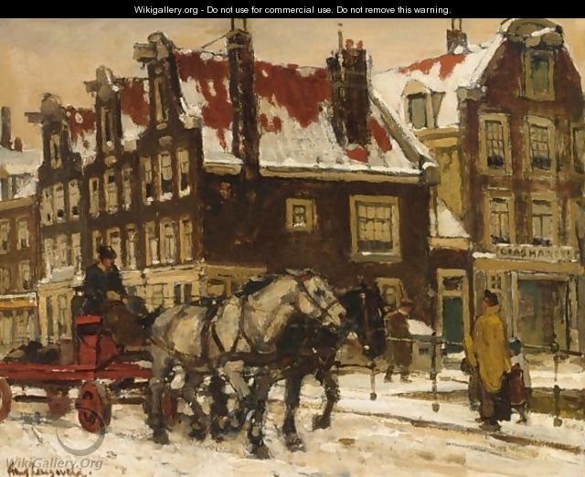 A Horse Drawn Cart On A Bridge In Wintry Amsterdam - Frans Langeveld