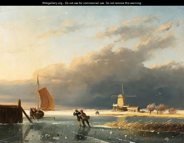 A Frozen Waterway With Figures On The Ice, A Windmill In The Distance - Charles Henri Leickert
