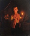 A Candle Lit Interior With A Boy Smoking A Pipe - Johannes Rosierse
