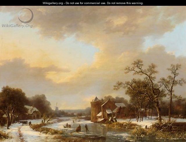 An Extensive Dutch Winter Landscape With Figures On A Frozen River - Marianus Adrianus Koekkoek
