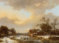 An Extensive Dutch Winter Landscape With Figures On A Frozen River - Marianus Adrianus Koekkoek