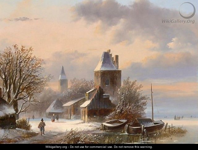 A Winter Landscape With Figures In The Streets Of A Riverside Town - Johannes Petrus van Velzen