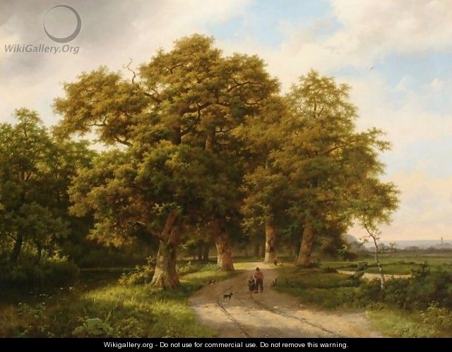 A Wooded Landscape With Figures On A Country Road - Marianus Adrianus Koekkoek