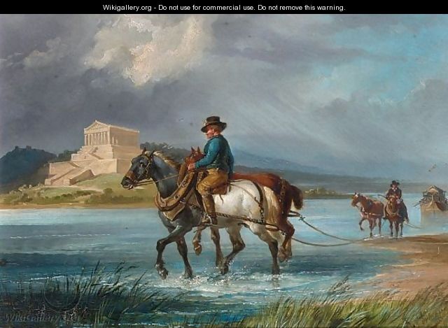 Horses Towing A Ship Along A River, A Classical Temple In The Distance - Friedrich Perlberg