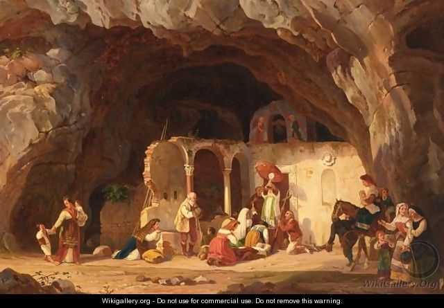 Figures At Prayer At The Entrance Of A Cave - Carl Wilhelm Gotzloff