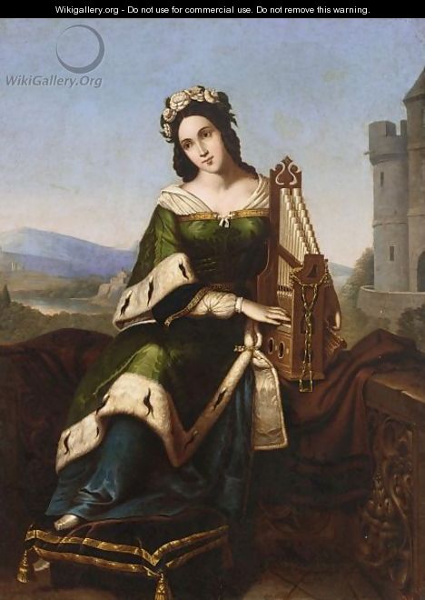 An Elegant Lady In Medieval Dress Playing A Small Organ - (after) Louis Ammy-Blanc