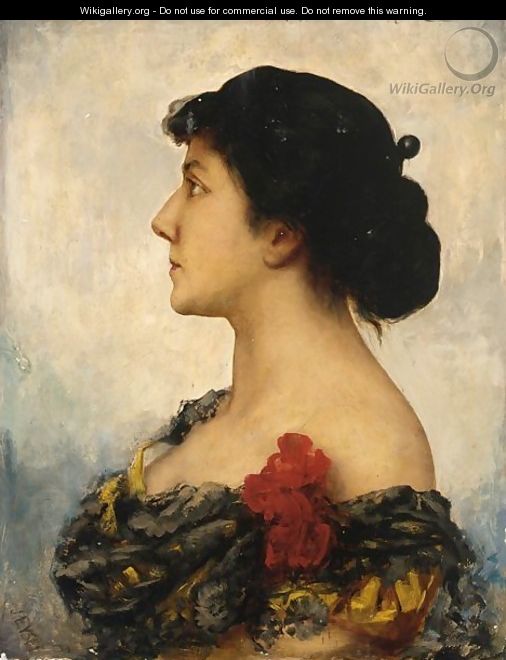 Half Length Portrait Of An Elegant Young Woman Wearing A Black And Gold Dress - German School