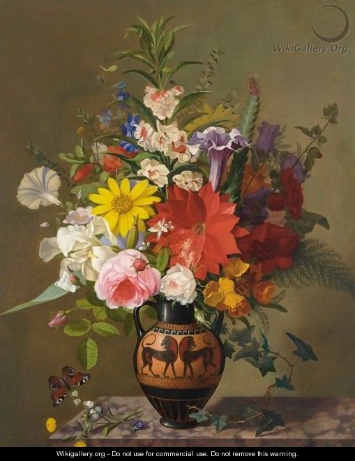 A Flower Still Life With A Greek Vase - Adolf Carl Senff