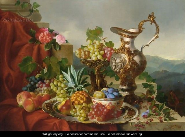 A Still Life With Fruit, Roses And A Pitcher Set On A Marble Ledge - Adalbert Schaffer