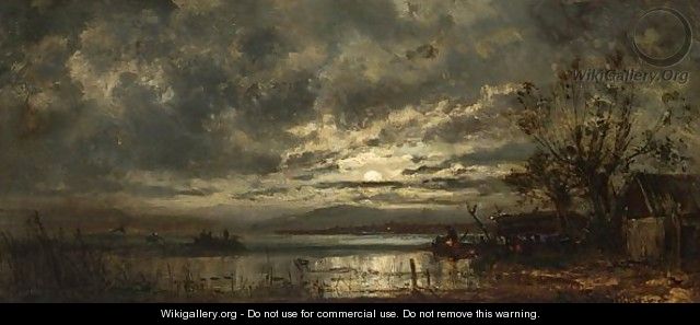 Fishermen On A Moonlit Lake - Adolf Stademann