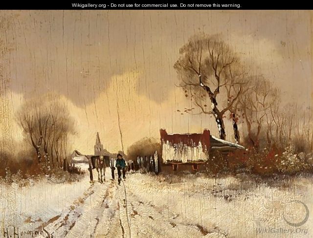 A Peasant With A Horse Cart In A Wintry Landscape - German School