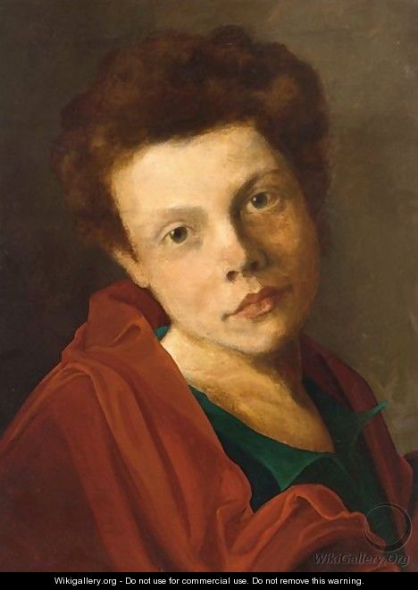 Portrait Of A Young Man Wearing A Red Mantle And A Blue Shirt - German School