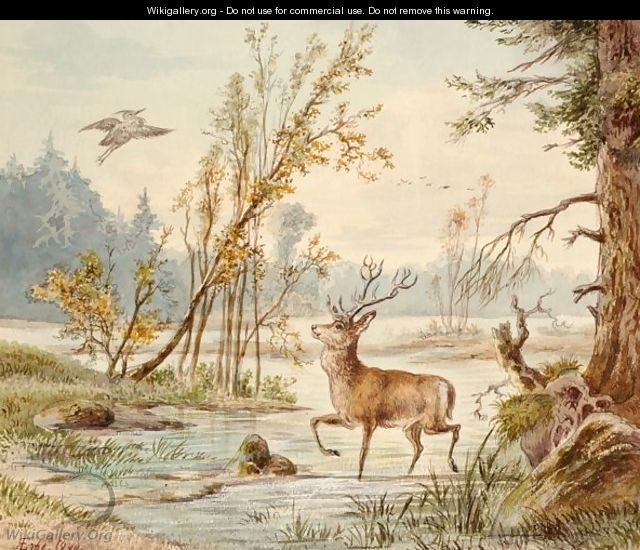 A Deer And A Heron In A Marsh Landscape - Karl August Robert Erbe