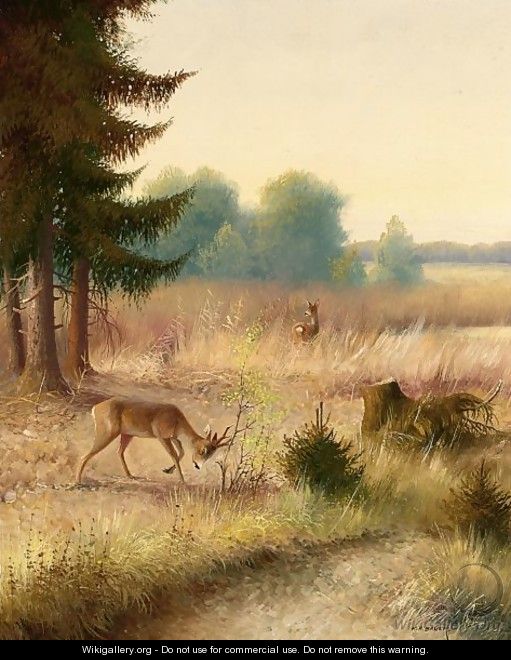 Deer In A Wooded Landscape - German School