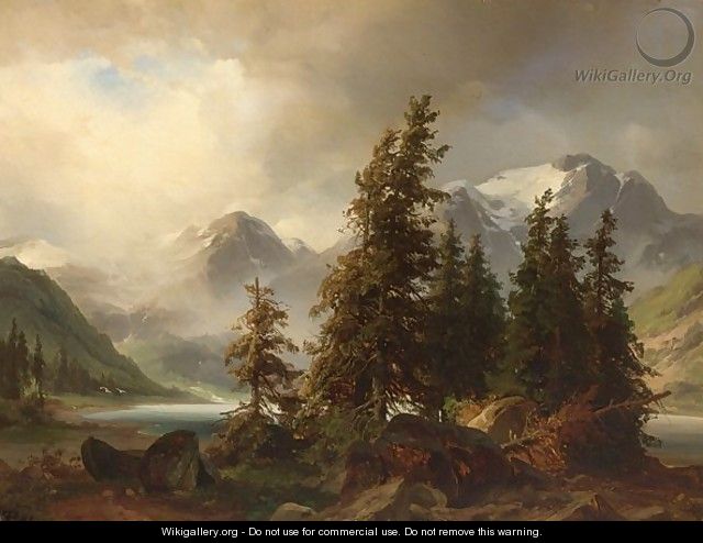 View Of An Alpine Landscape - German School
