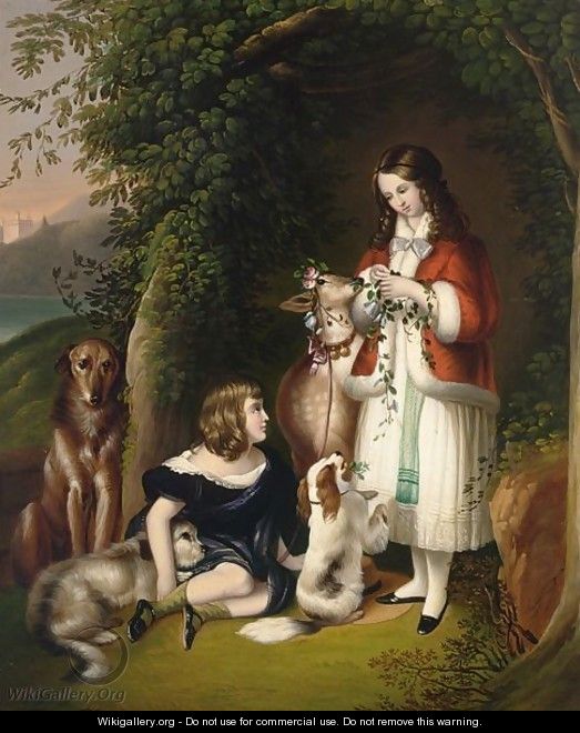 Two Young Girls With A Deer And Dogs Near A Cave Entrance - German School