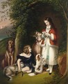 Two Young Girls With A Deer And Dogs Near A Cave Entrance - German School