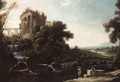 A River Landscape With Figures Resting Beneath A Capriccio View Of The Temple Of Vesta At Tivoli - (after) Pierre-Antoine Patel