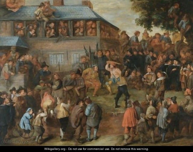 A Crowded Duelling Scene Before A House - Dutch School