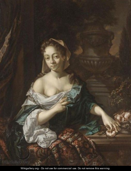 A Young Lady At A Window, Holding A Rose, A Classical Urn Beyond - L. Beugholt