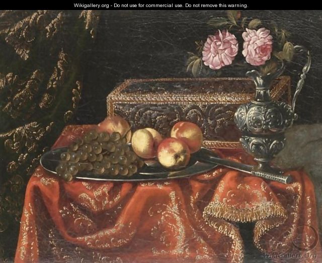 A Still Life With Grapes And Peaches On A Pewter Plate, Together With An Inlaid Coffer And Roses - (after) Antonio The Younger Gianlisi