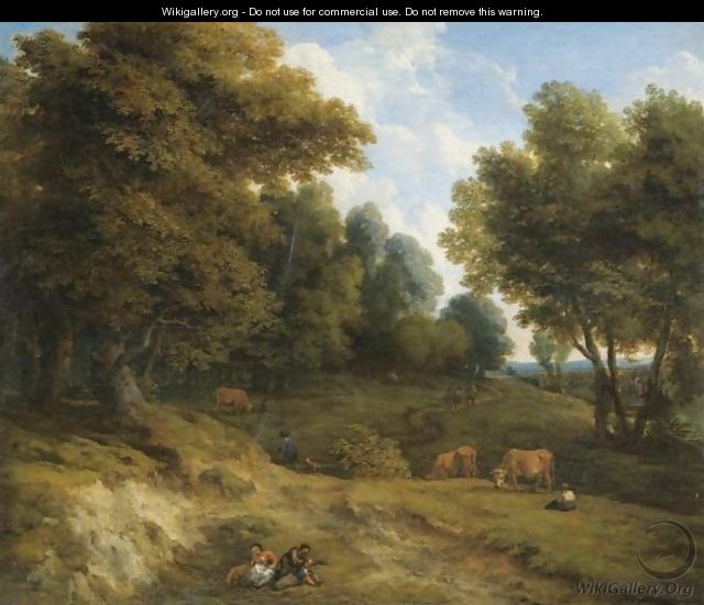 A Wooded Landscape With Cows, And Figures In The Foreground - Cornelis Huysmans