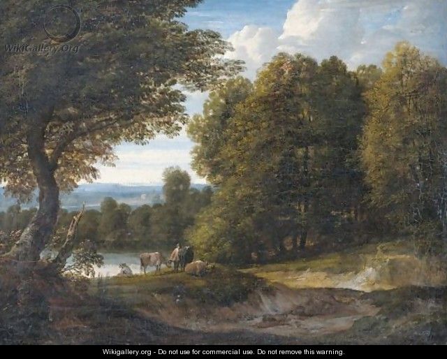 A Wooded River Landscape With Cattle And Two Figures - Jaques D