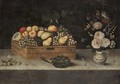 A Still Life Of A Basket Of Fruit On A Stone Ledge, With Hazlenuts, An Artichoke, A Bird And A Vase Of Flowers - Spanish School
